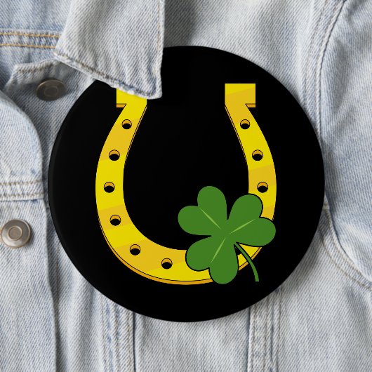 Lucky Golden Hoefijzer met Shamrock op Black Ronde Button 6,0 Cm (In situ)