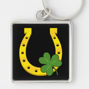 Lucky Golden Hoefijzer met Shamrock op Black Sleutelhanger