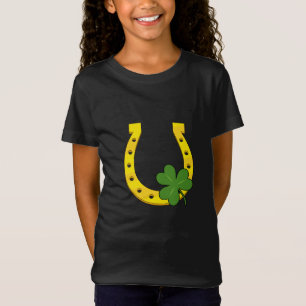 Lucky Golden Hoefijzer met Shamrock op Black T-shirt
