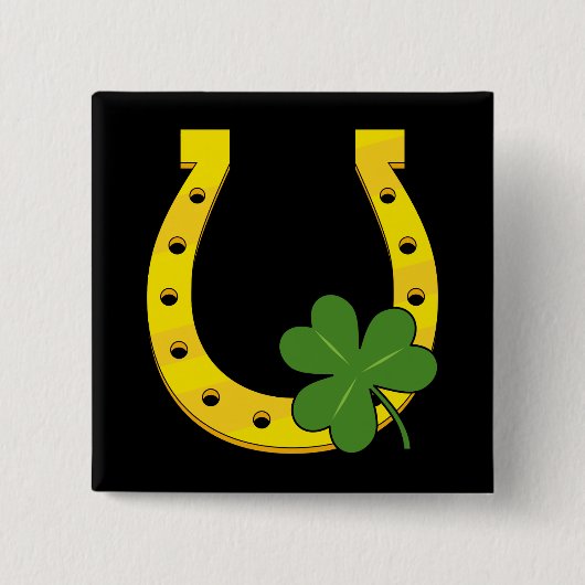 Lucky Golden Hoefijzer met Shamrock op Black Vierkante Button 5,1 Cm (Voorkant)
