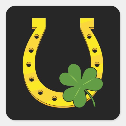 Lucky Golden Hoefijzer met Shamrock op Black Vierkante Sticker (Voorkant)