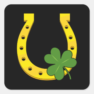 Lucky Golden Hoefijzer met Shamrock op Black Vierkante Sticker