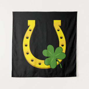 Lucky Golden Hoefijzer met Shamrock op Black Wandkleed