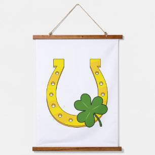 Lucky Golden Hoefijzer met Shamrock op White Hangend Wandkleed