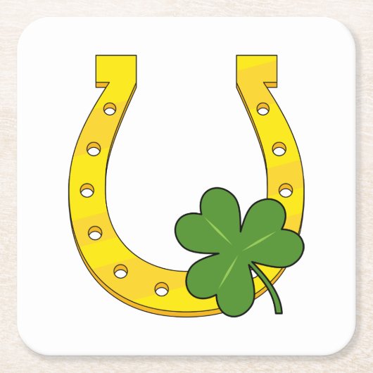 Lucky Golden Hoefijzer met Shamrock op White Kartonnen Onderzetters (Voorkant)
