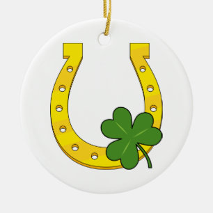 Lucky Golden Hoefijzer met Shamrock op White Keramisch Ornament