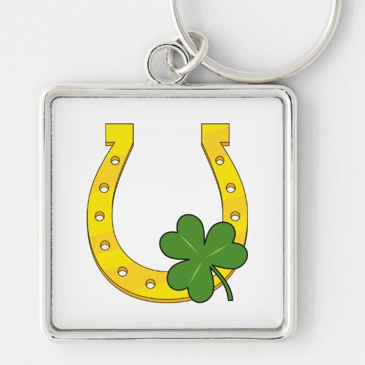 Lucky Golden Hoefijzer met Shamrock op White Sleutelhanger (Voorkant)