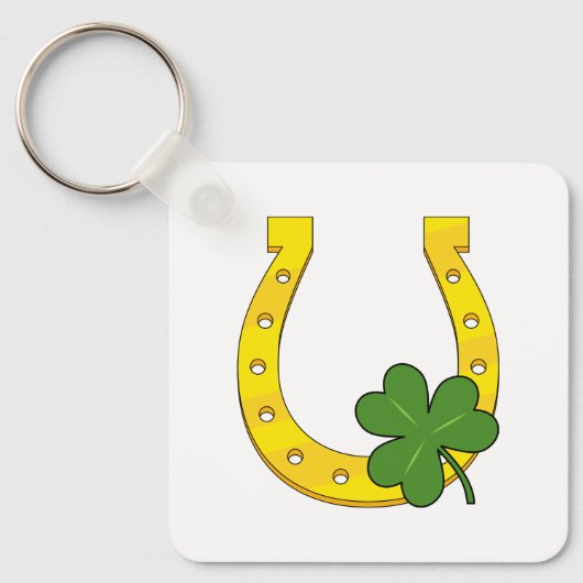 Lucky Golden Hoefijzer met Shamrock op White Sleutelhanger (Voorkant)