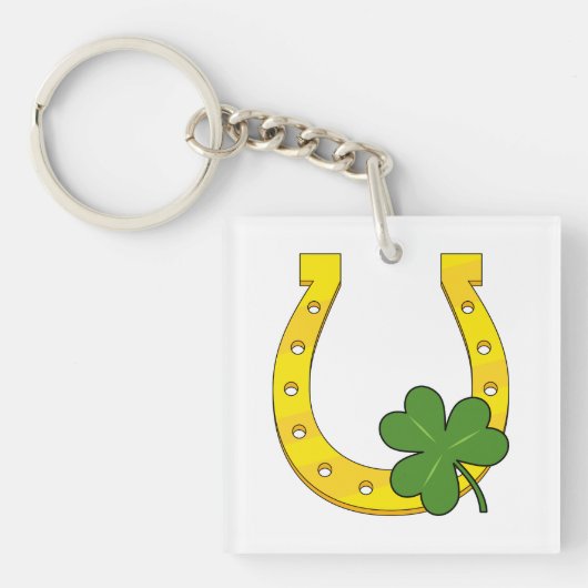Lucky Golden Hoefijzer met Shamrock op White Sleutelhanger (Voorkant)