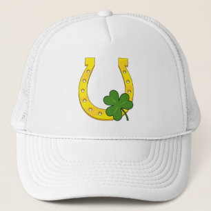 Lucky Golden Hoefijzer met Shamrock op White Trucker Pet