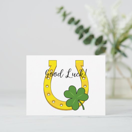 Lucky Golden Hoefijzer met Shamrock | Tekst toevoe Feestdagenkaart (Staand voorkant)