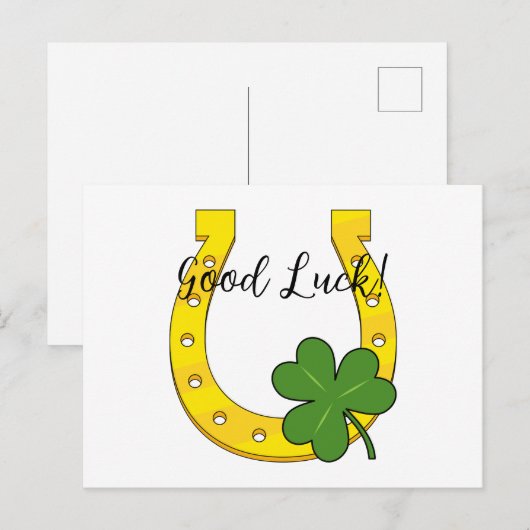 Lucky Golden Hoefijzer met Shamrock | Tekst toevoe Feestdagenkaart (Voorkant / Achterkant)