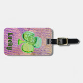 Lucky Green Canvas klaver op paarse denim Bagagelabel (Voorkant horizontaal)