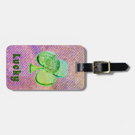 Lucky Green Canvas klaver op paarse denim Bagagelabel (Voorkant horizontaal)