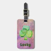 Lucky Green Canvas klaver op paarse denim Bagagelabel (Voorkant verticaal)