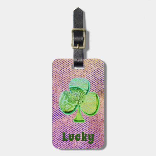 Lucky Green Canvas klaver op paarse denim Bagagelabel (Voorkant verticaal)