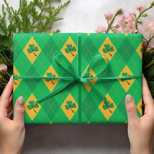 Lucky Green & Gold Clover Argyle St. Patrick's Day Cadeaupapier