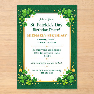 Lucky Green Gold Festive Shamrock Clover Verjaarda Acryl Uitnodigingen
