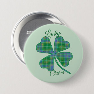 Lucky Green Plaid Shamrock Four-Leaf Clover  Ronde Button 7,6 Cm