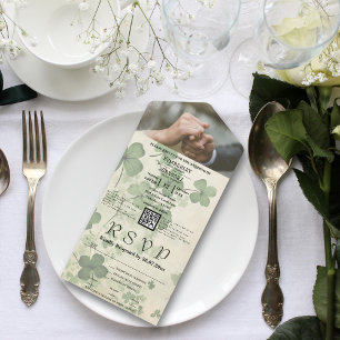 Lucky Green Shamrock op Cream QR Code Foto All In One Uitnodiging