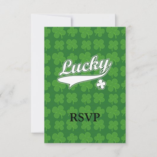 Lucky, groen/wit 4-bladklaver RSVP kaartje (Voorkant)