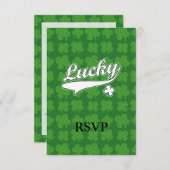 Lucky, groen/wit 4-bladklaver RSVP kaartje (Voorkant / Achterkant)