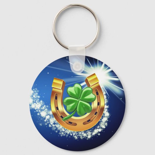 Lucky hoefijzer 4 bladklaver schietster blauw sleutelhanger (Voorkant)