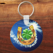 Lucky hoefijzer 4 bladklaver schietster blauw sleutelhanger (Voorkant)