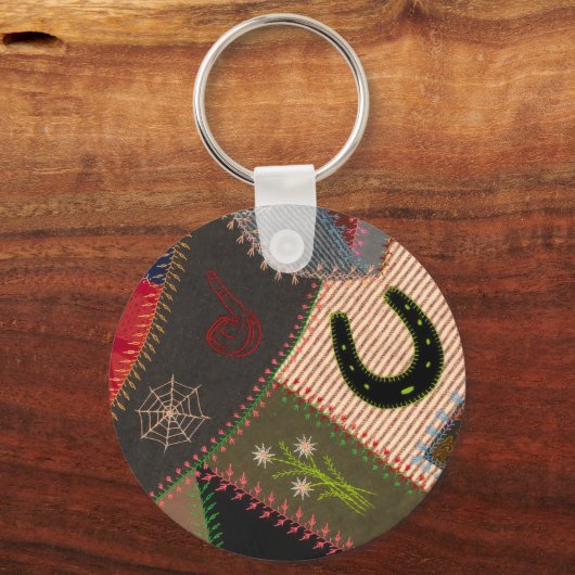 Lucky Hoefijzer Colorful Patchwork Crazy Quilt Sleutelhanger (Voorkant)