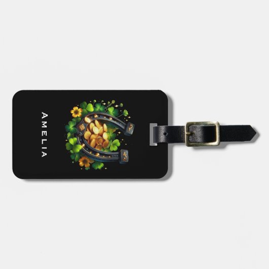 Lucky Hoefijzer gouden munten en klaver Bagagelabel (Voorkant horizontaal)