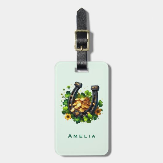 Lucky Hoefijzer gouden munten en klaver Bagagelabel (Voorkant verticaal)