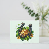 Lucky Hoefijzer gouden munten en klaver Briefkaart (Staand voorkant)