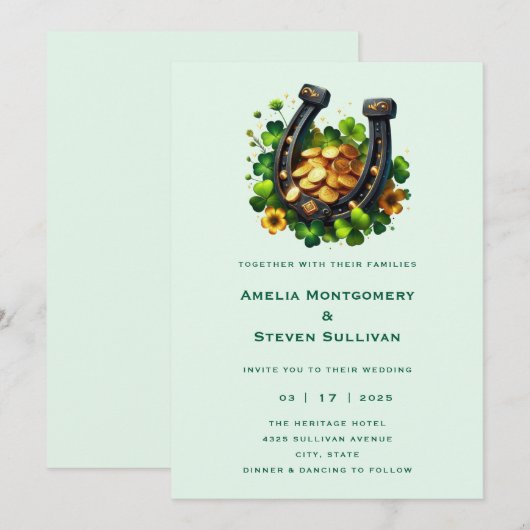 Lucky Hoefijzer gouden munten en klaver bruiloft Kaart (Voorkant / Achterkant)