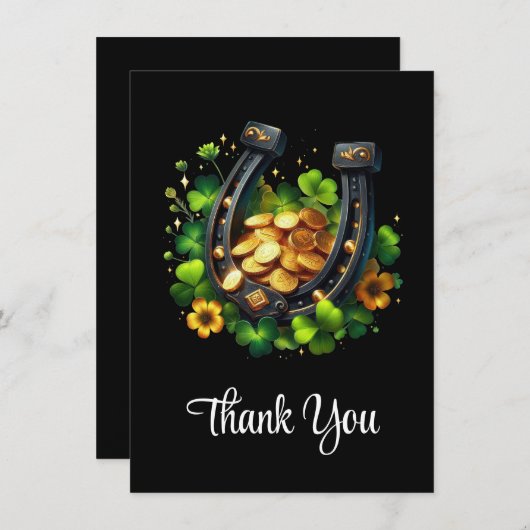 Lucky Hoefijzer gouden munten en klaver dank u Bedankkaart (Voorkant / Achterkant)