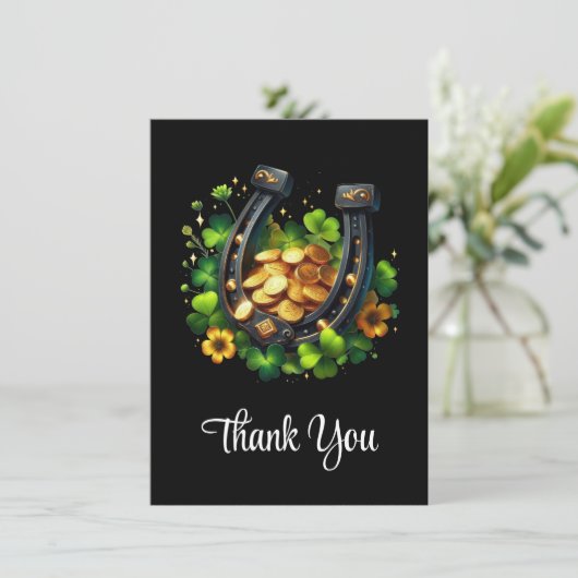 Lucky Hoefijzer gouden munten en klaver dank u Bedankkaart (Staand voorkant)