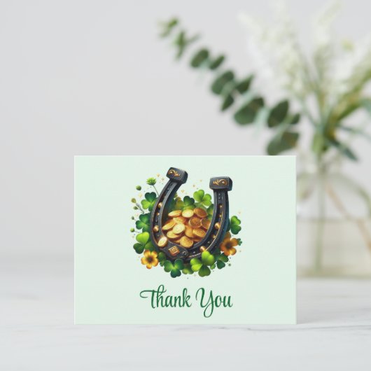 Lucky Hoefijzer gouden munten en klaver dank u Briefkaart (Staand voorkant)