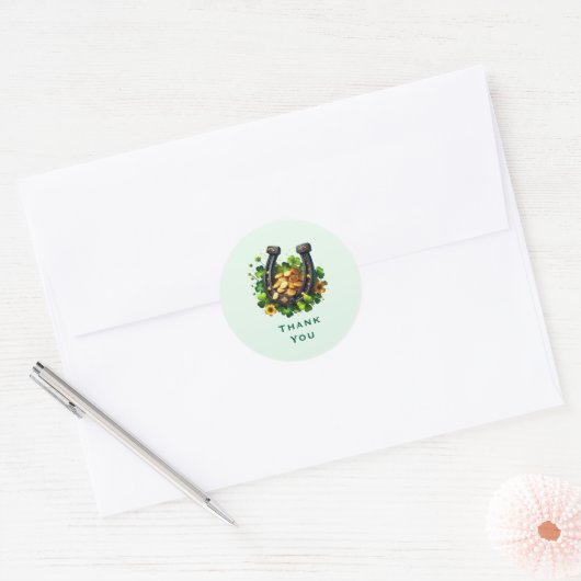 Lucky Hoefijzer gouden munten en klaver dank u Ronde Sticker (Envelop)