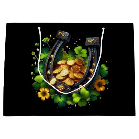 Lucky Hoefijzer gouden munten en klaver Groot Cadeauzakje (Voorkant)