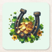 Lucky Hoefijzer gouden munten en klaver Kartonnen Onderzetters (Voorkant)