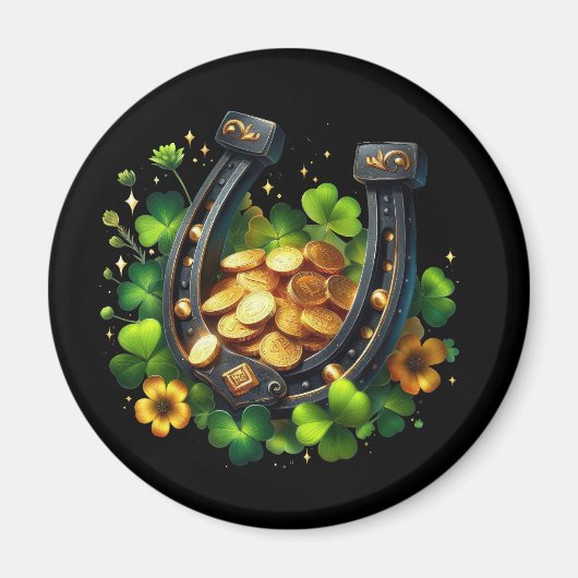 Lucky Hoefijzer gouden munten en klaver Magneet (Voorkant)