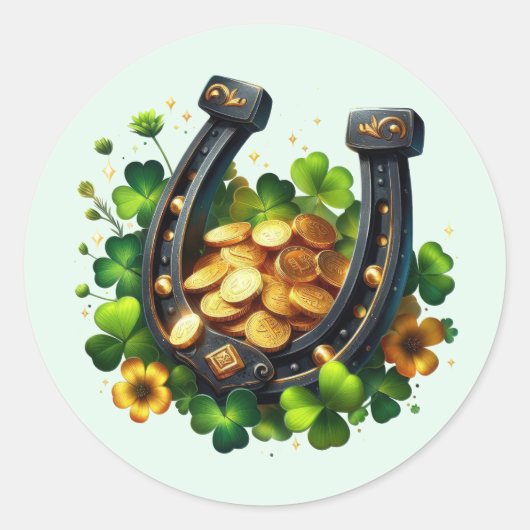 Lucky Hoefijzer gouden munten en klaver Ronde Sticker (Voorkant)