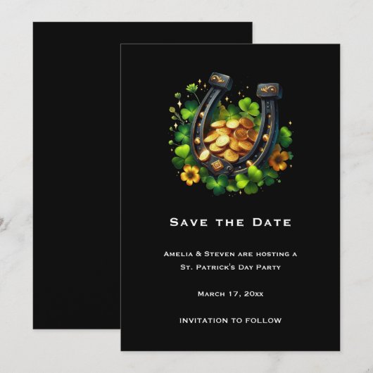 Lucky Hoefijzer gouden munten en klaver Save The Date (Voorkant / Achterkant)