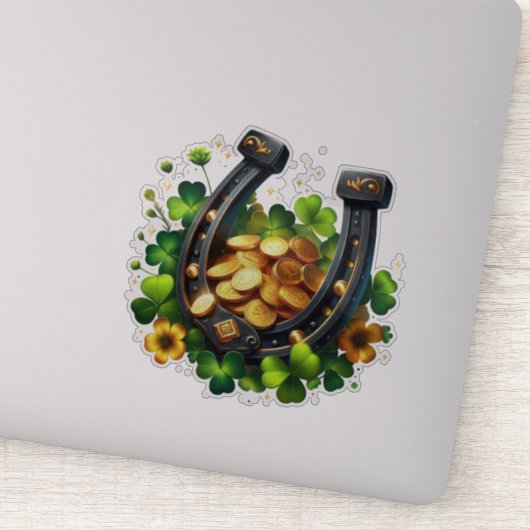 Lucky Hoefijzer gouden munten en klaver Sticker (Detail)