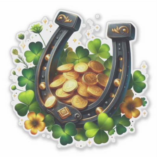 Lucky Hoefijzer gouden munten en klaver Sticker (Voorkant)