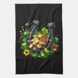 Lucky Hoefijzer gouden munten en klaver Theedoek