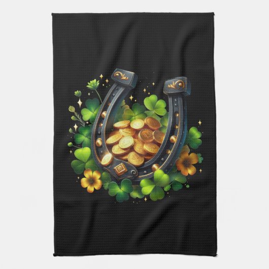 Lucky Hoefijzer gouden munten en klaver Theedoek (Verticaal)