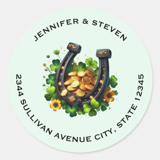 Lucky Hoefijzer gouden munten en klaveradres Ronde Sticker (Voorkant)