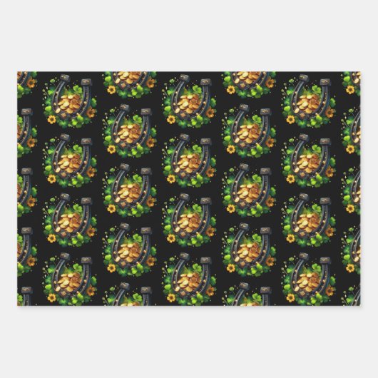 Lucky Hoefijzer gouden munten en klaverpatroon Inpakpapier Vel (Voorkant)