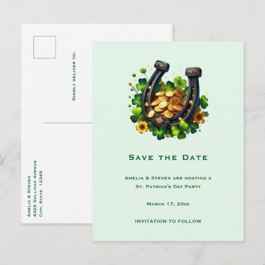 Lucky Hoefijzer & Gouden Munten St. Patrick's Day Aankondigingskaart (Voorkant / Achterkant)