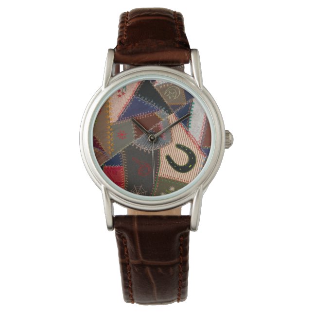 Lucky Hoefijzer  Patchwork Crazy Quilt Horloge (Voorkant)